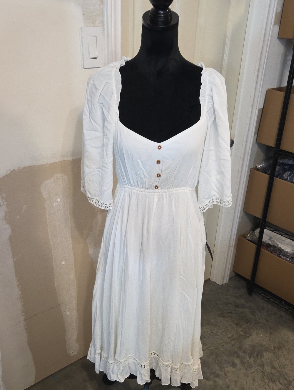 Lulus White Midi Peasant Dress Boho Feminine Button Front Ruffled Lace Trim NWT